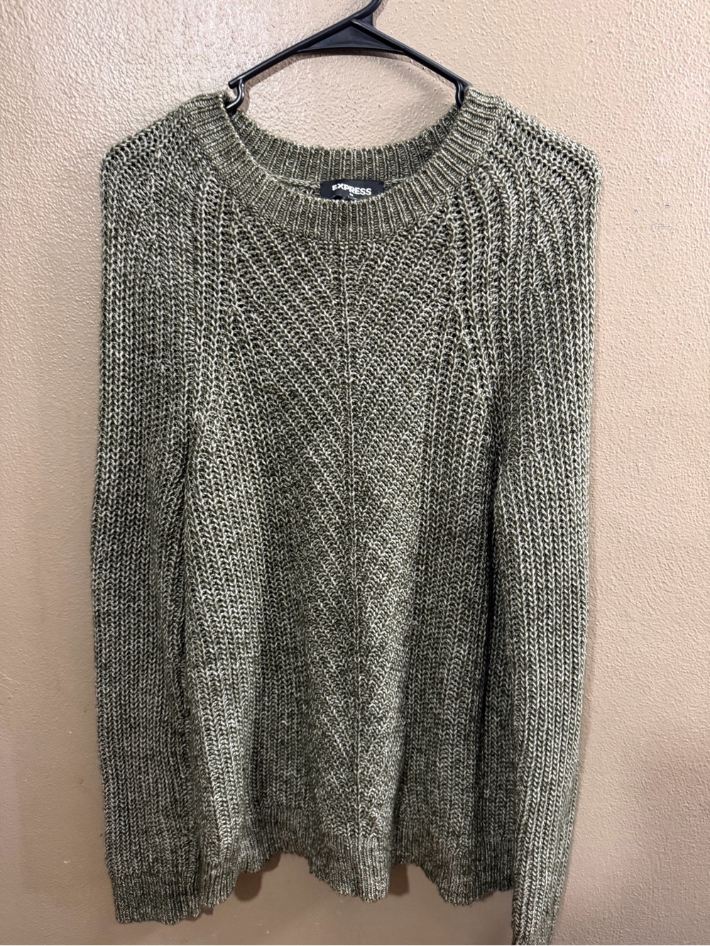 Express Olive Marled Heavyweight Knit Sweater Chevron Ribbed Boho Shaker